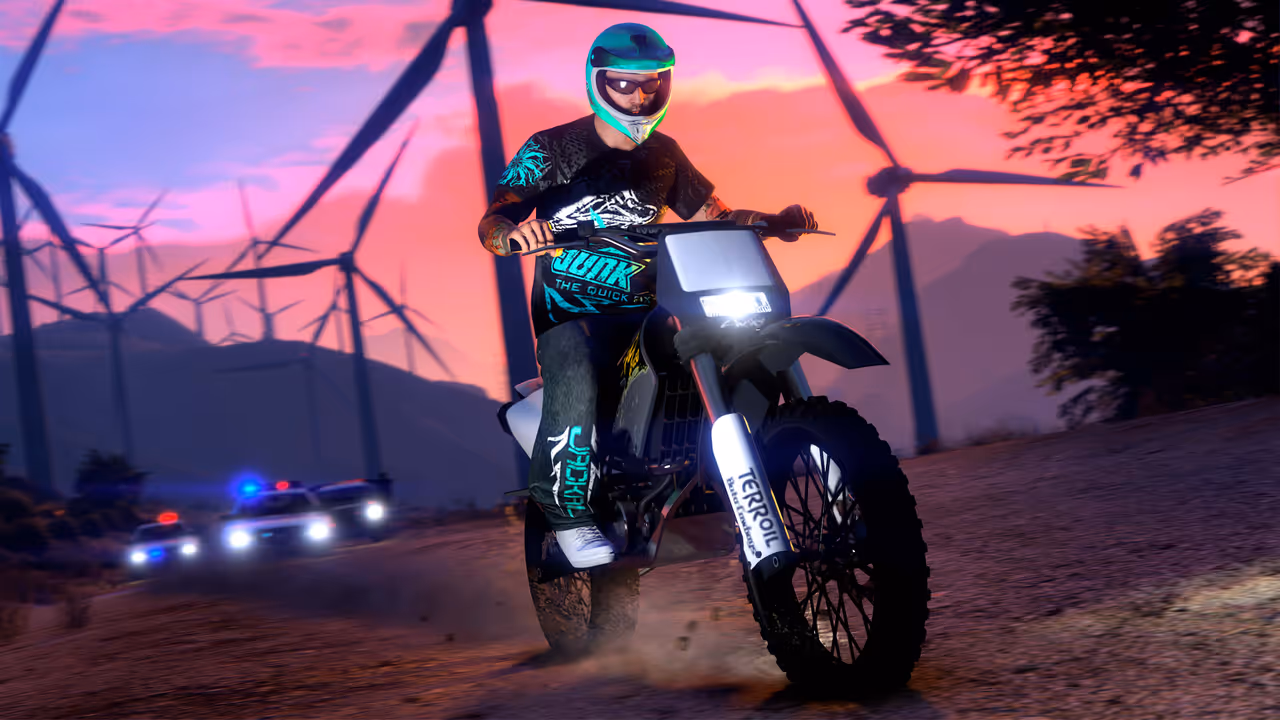 GTA Online, Official, Character, Clothes, Vehicle, GTA Online Protagonist, Junk x Jackal Tee, Junk x Jackal Wide Pants, Maibatsu Sanchez, Motorcycles