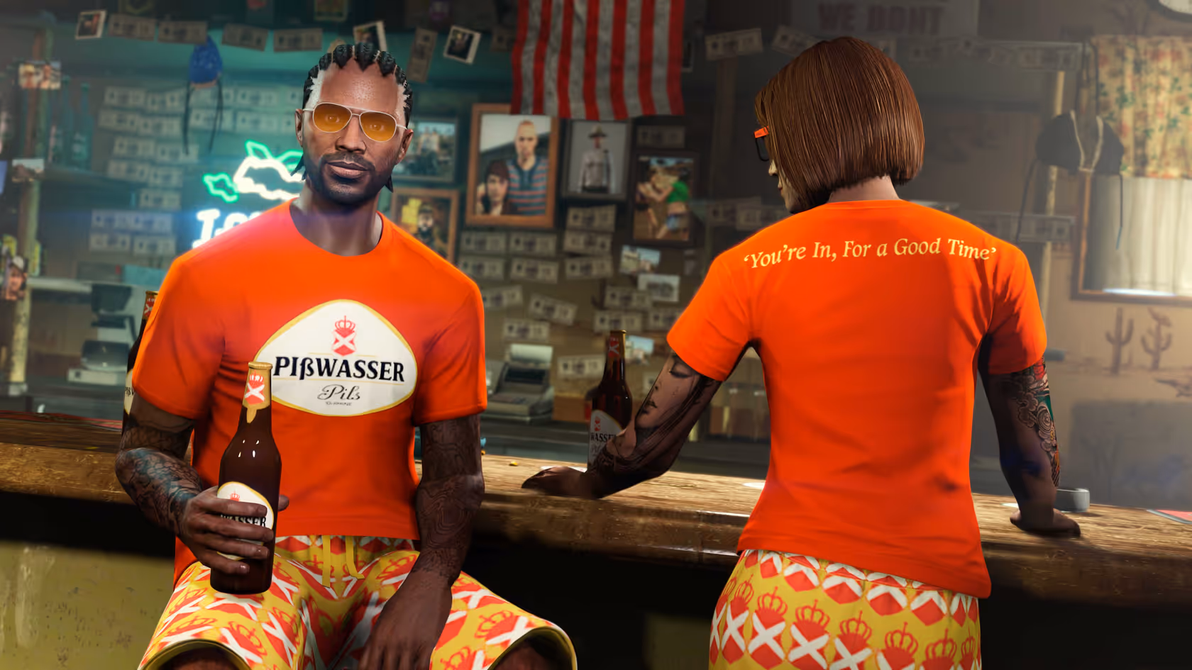 Pißwasser Good Time Tee and Gold Pißwasser Shorts GTA Online
