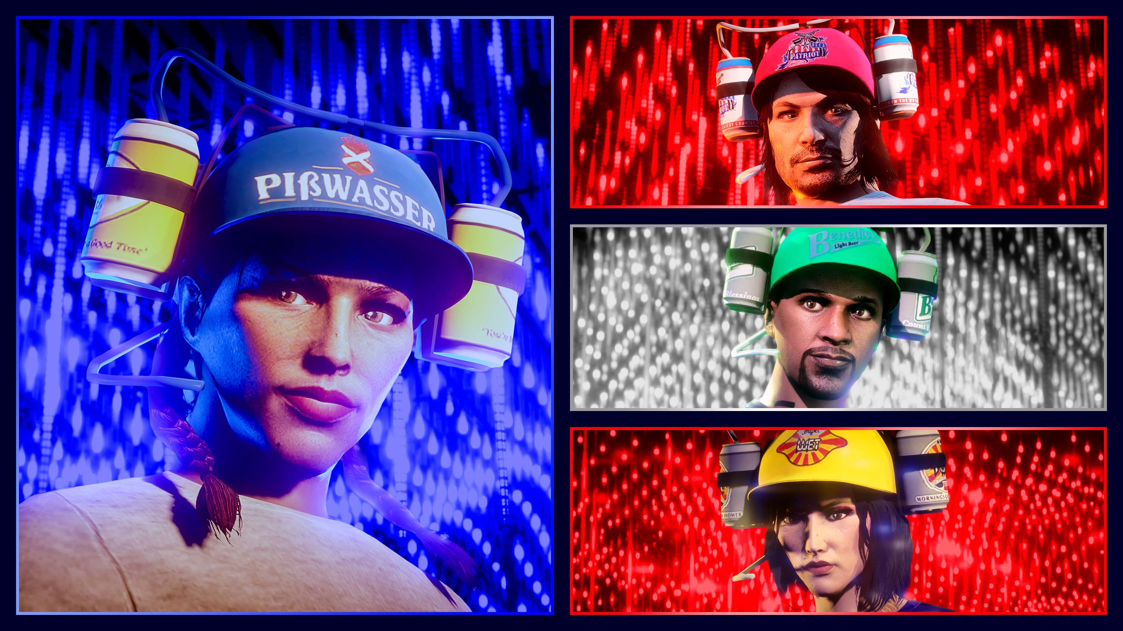 GTA Online, Official, Event, Clothes, Independence Day, Pißwasser Beer Hat, Benedict Beer Hat, Patriot Beer Hat, Supa Wet Beer Hat