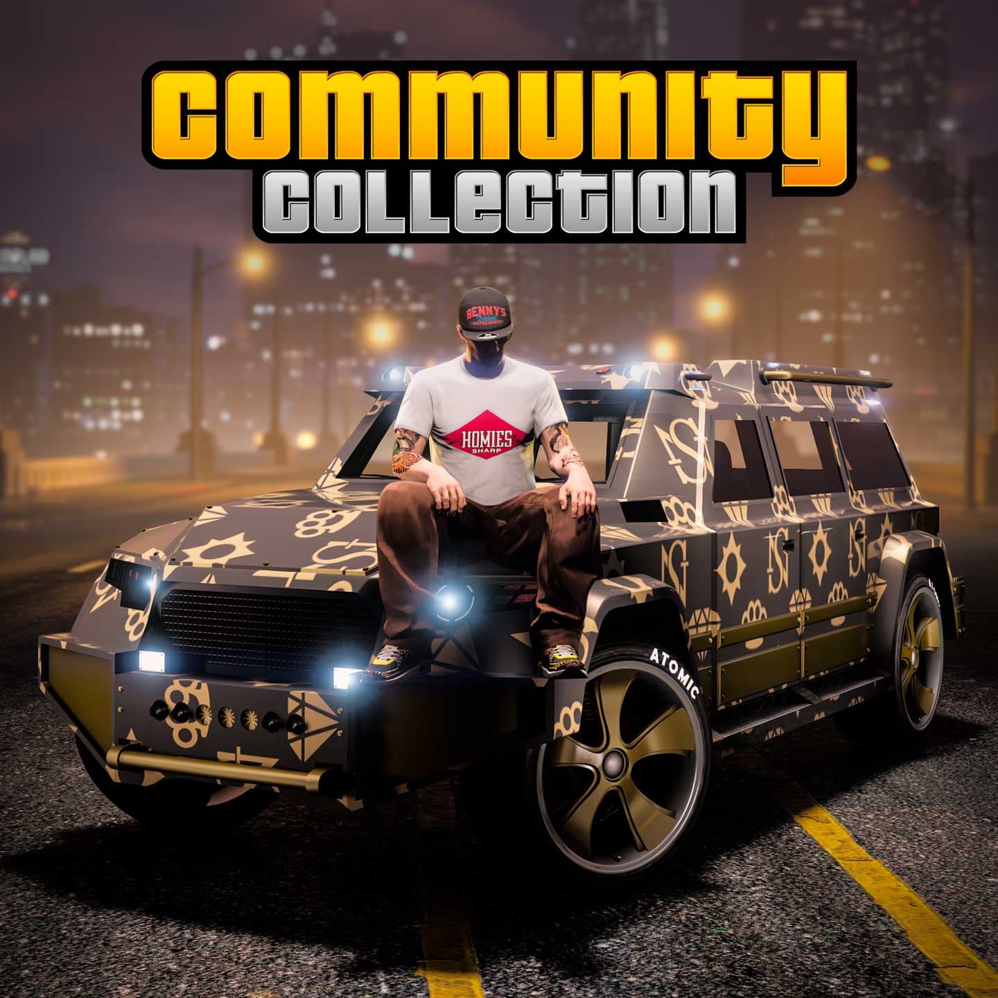 GTA Online, Vehicle, Character, Clothes, Official, HVY Nightshark, Off-Road, GTA Online Protagonist,  Community Collection, Homies Sharp Tee, Benny’s Fitted Cap