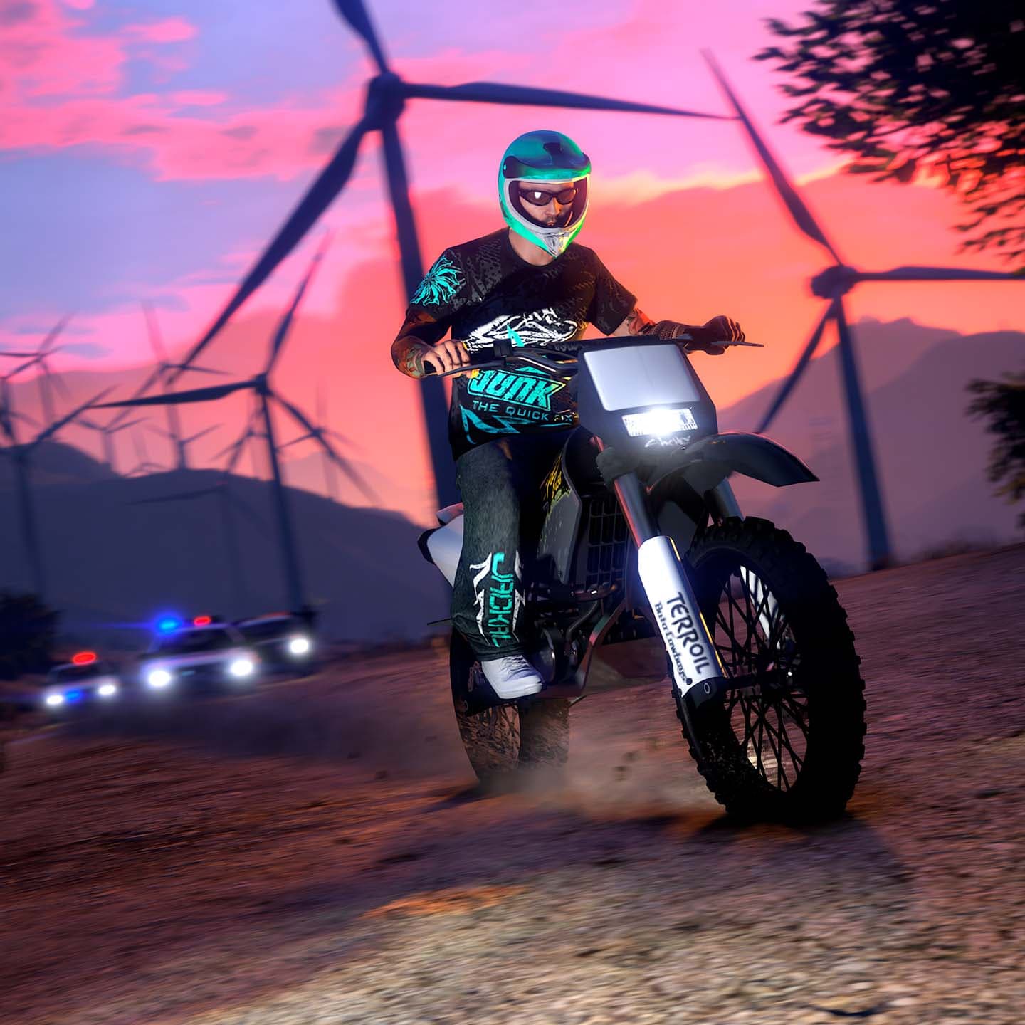 GTA Online, Official, Character, Clothes, Vehicle, GTA Online Protagonist, Junk x Jackal Tee, Junk x Jackal Wide Pants, Maibatsu Sanchez, Motorcycles