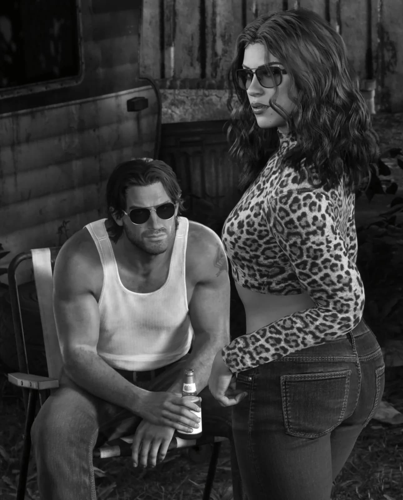 GTA 6, Official, Artwork, Jason, Lucia, trailer home, black and white