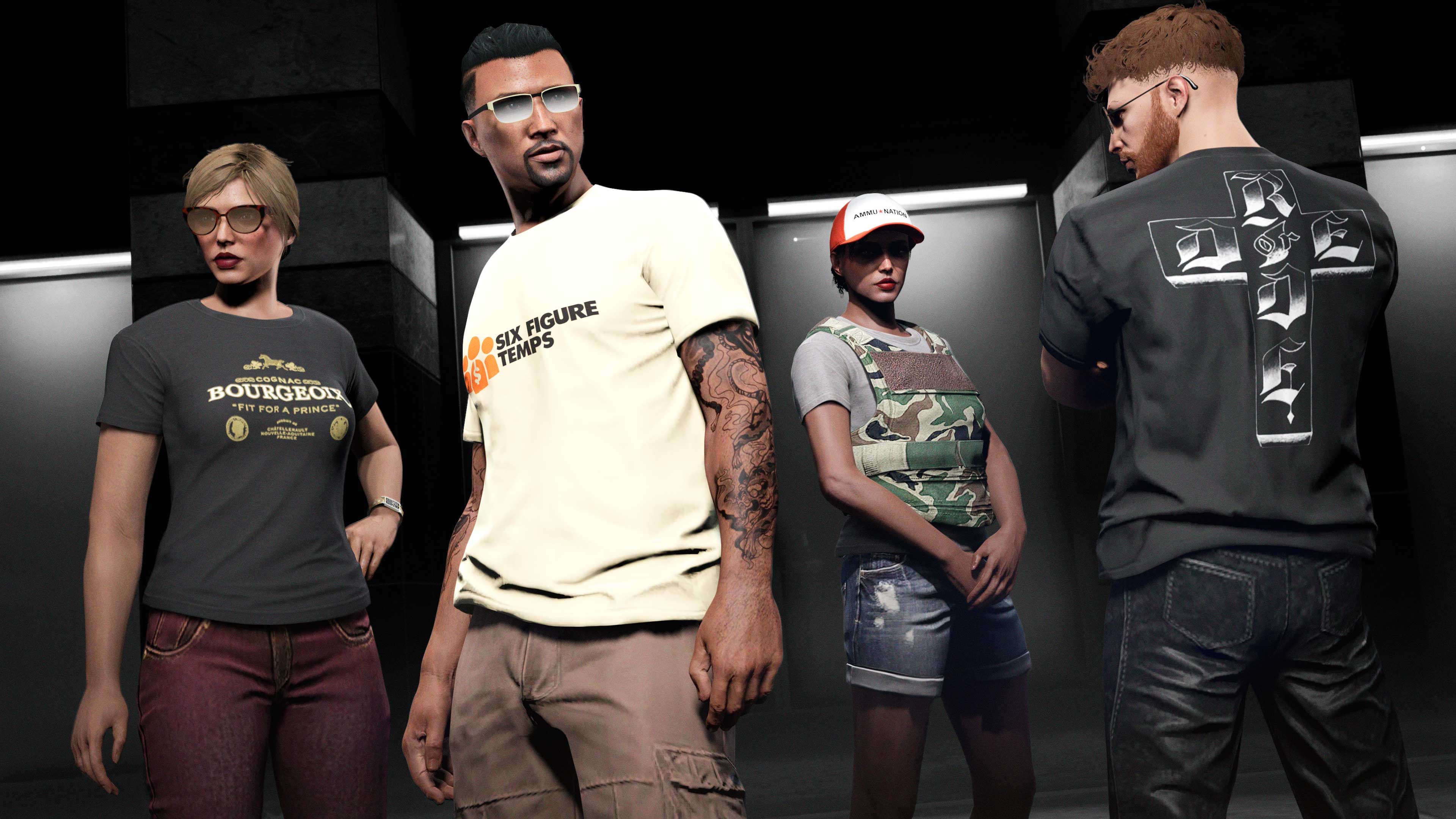 GTA Online, Official, Character, Clothes, GTA Online Protagonist, Six Figure Tee, Ride or Die Tee, Red & White Ammu-Nation Cap, Bourgeoix Tee