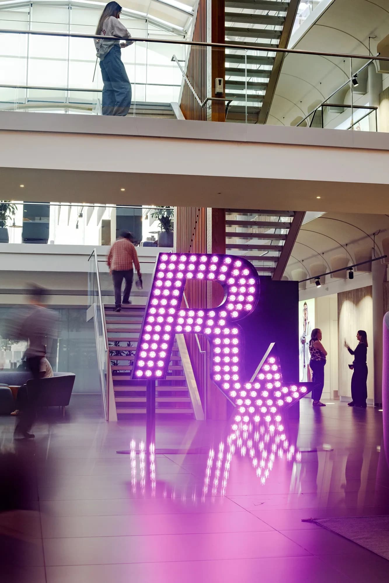 Rockstar North, office, Edinburgh, neon Rockstar logo