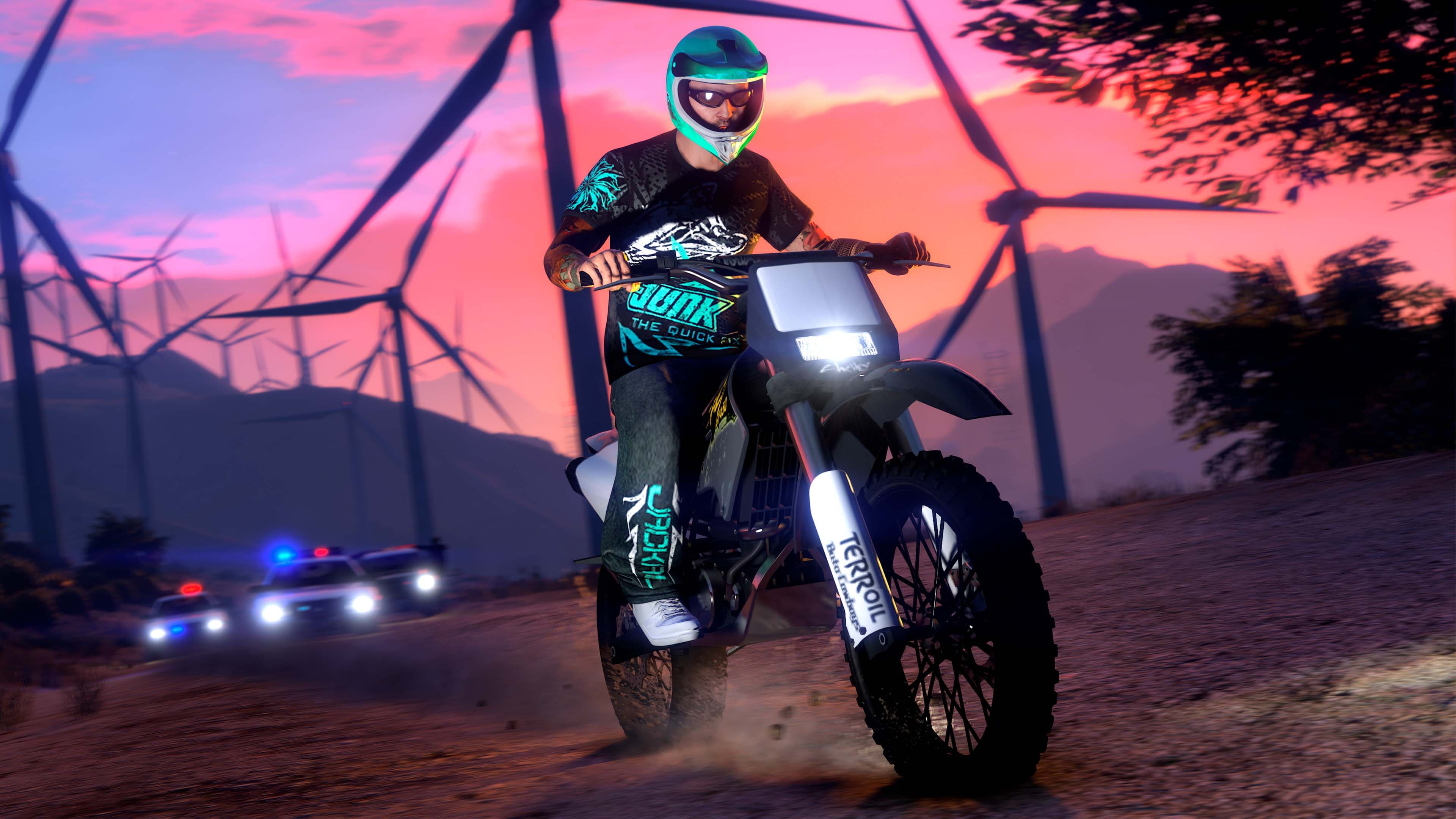 GTA Online, Official, Character, Clothes, Vehicle, GTA Online Protagonist, Junk x Jackal Tee, Junk x Jackal Wide Pants, Maibatsu Sanchez, Motorcycles