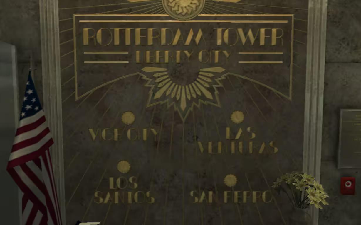 The Rotterdam Tower's ground level lobby in The Ballad of Gay Tony vice city references