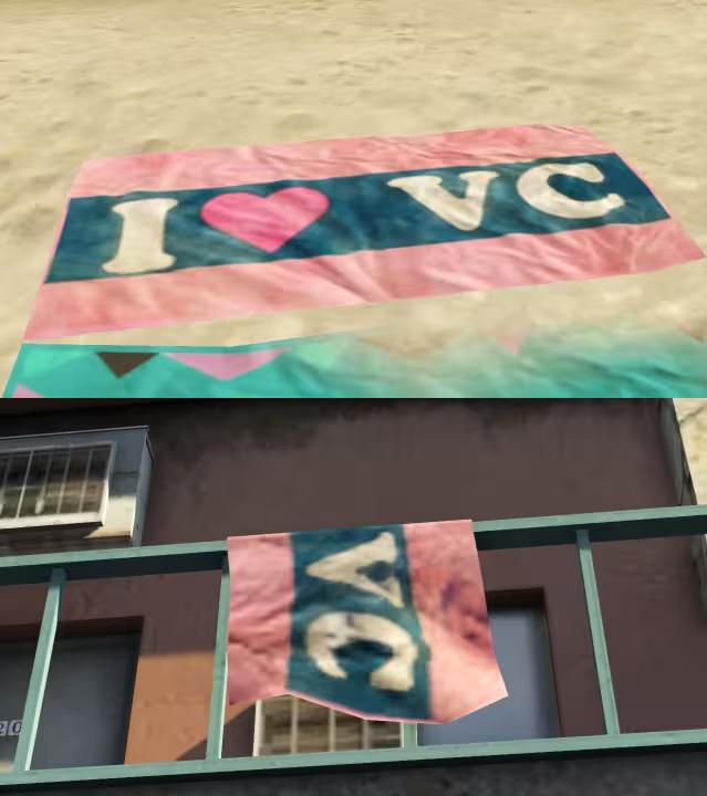 A beach towel on Vespucci Beach, and at The Pink Cage Motel, referencing GTA Vice City vice city references